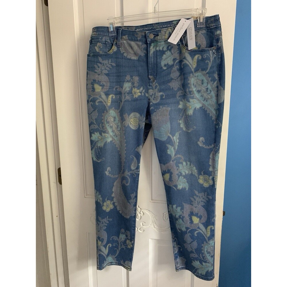 NWT Chicos 2.5 Sz 14 Jeans Perfect Stretch Girlfriend Slim Ankle Whimsy Folklore
